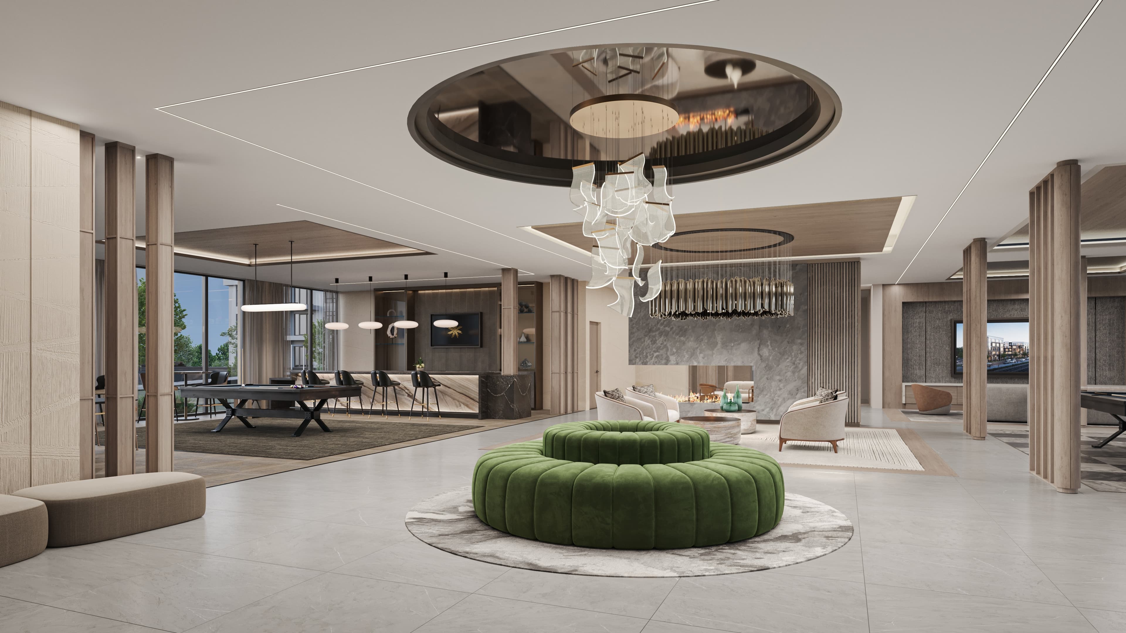 resident clubroom with lounge and table seating, bar area, game tables, sport simulator, fitness center, luxury apartment community