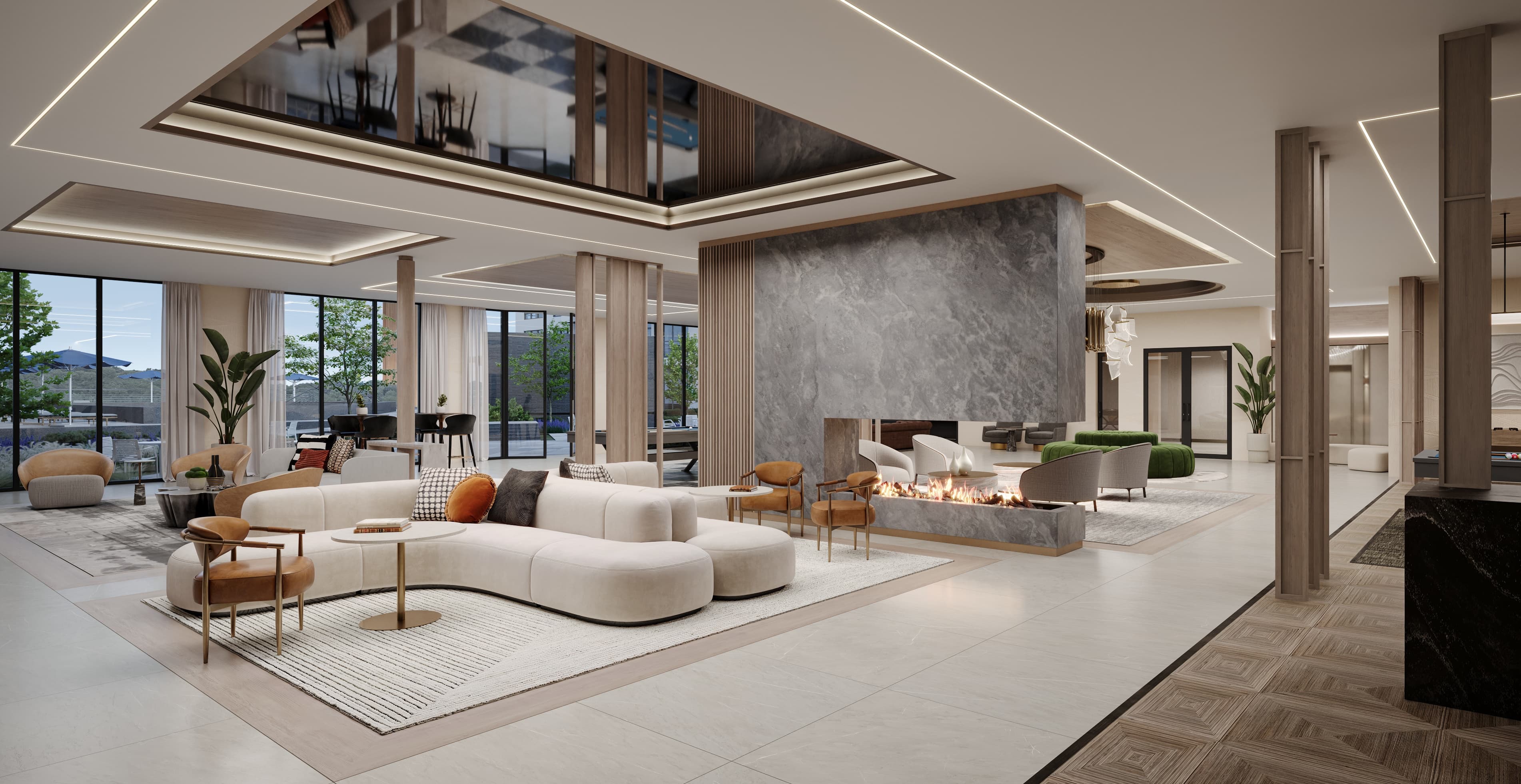 private resident clubroom, sport simulator, fitness center, luxury apartments