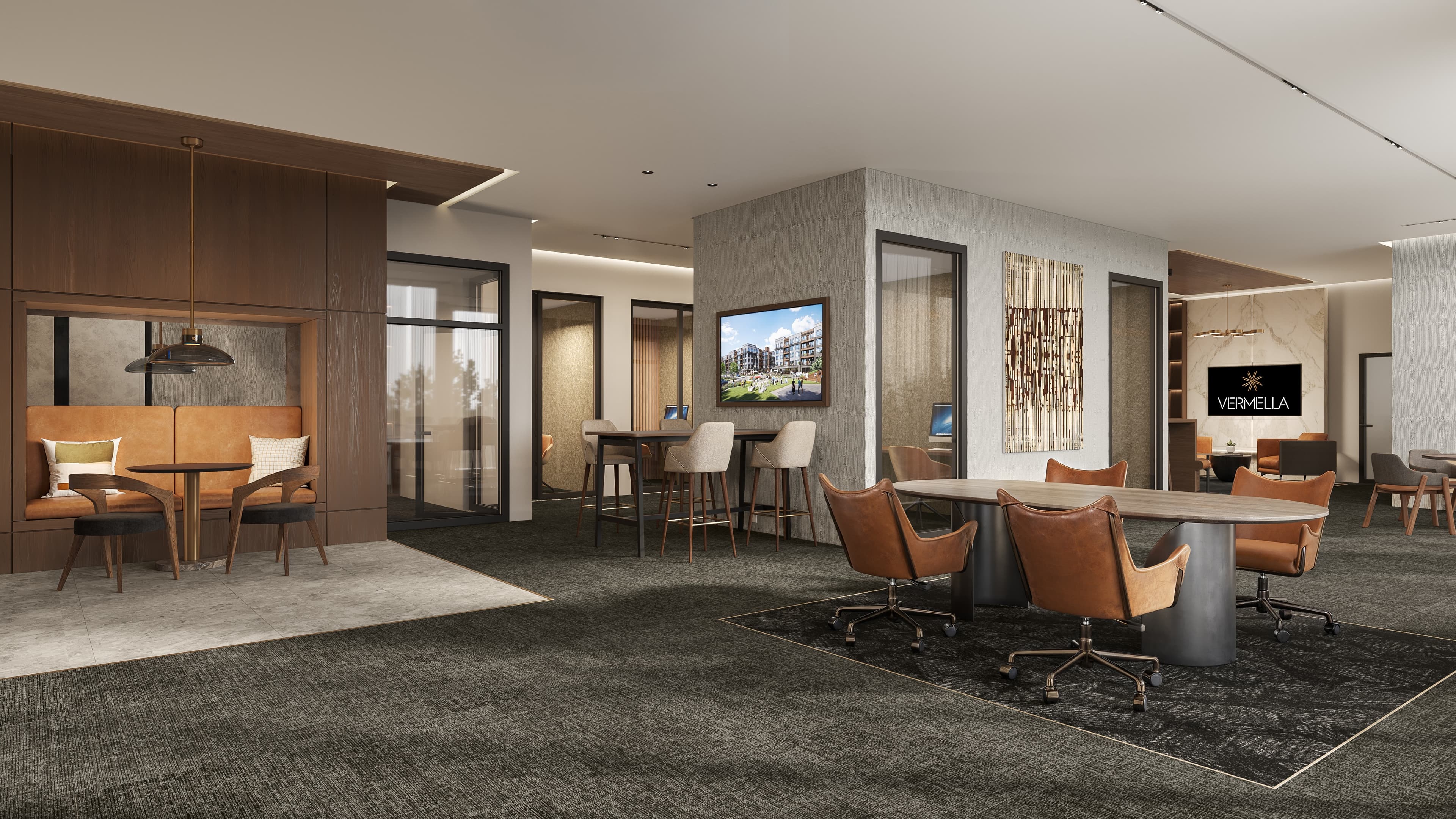 Resident business center, private conference rooms, work pods