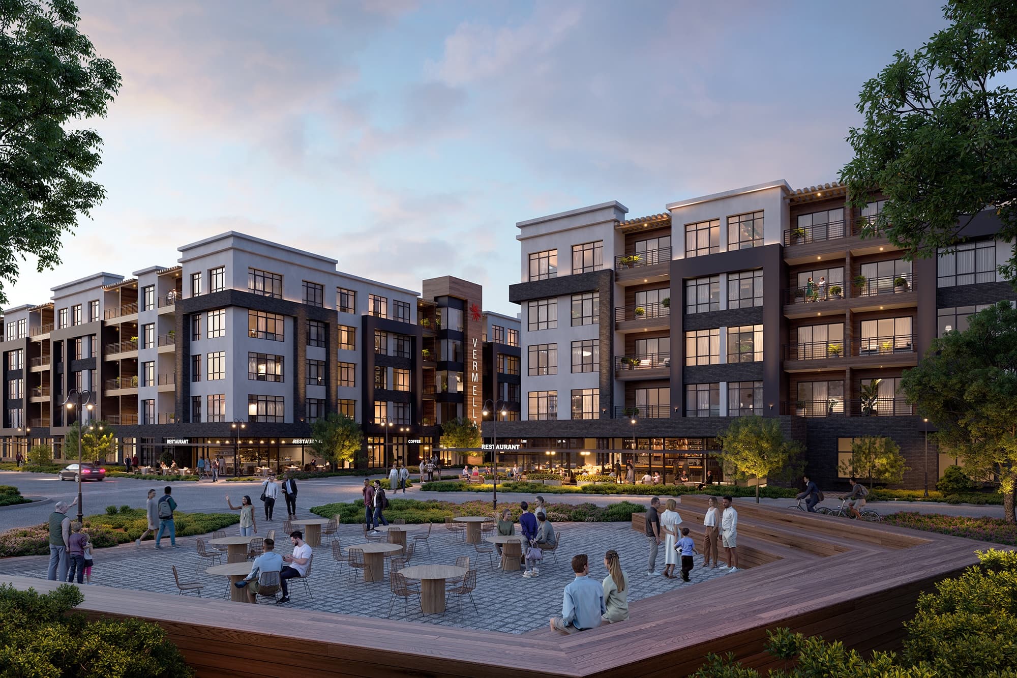 A luxury apartment complex with premiere retail and private resident amenity spaces, resort style pool, fitness center, clubroom, sport simulator, movie theater