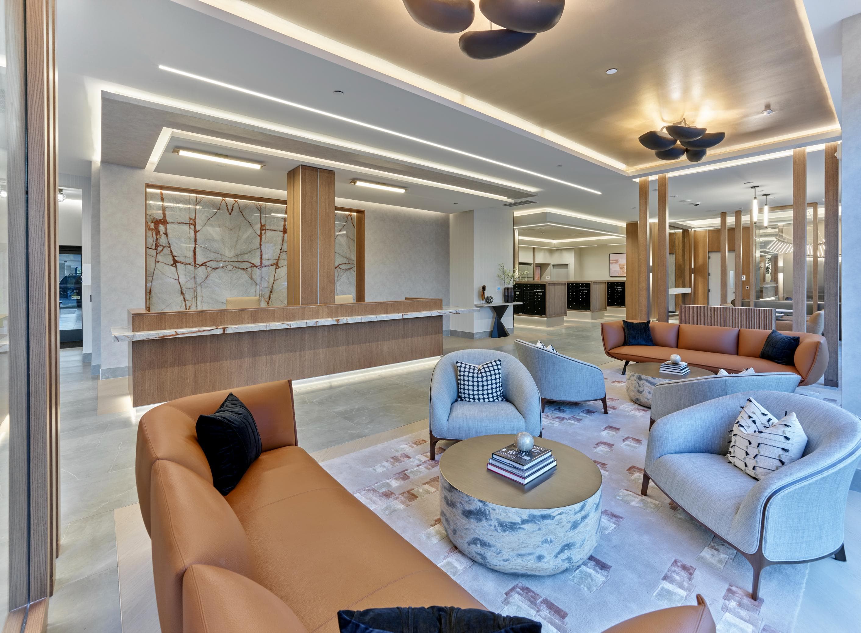 A modern lobby in a luxury apartment community in Paramus, NJ.