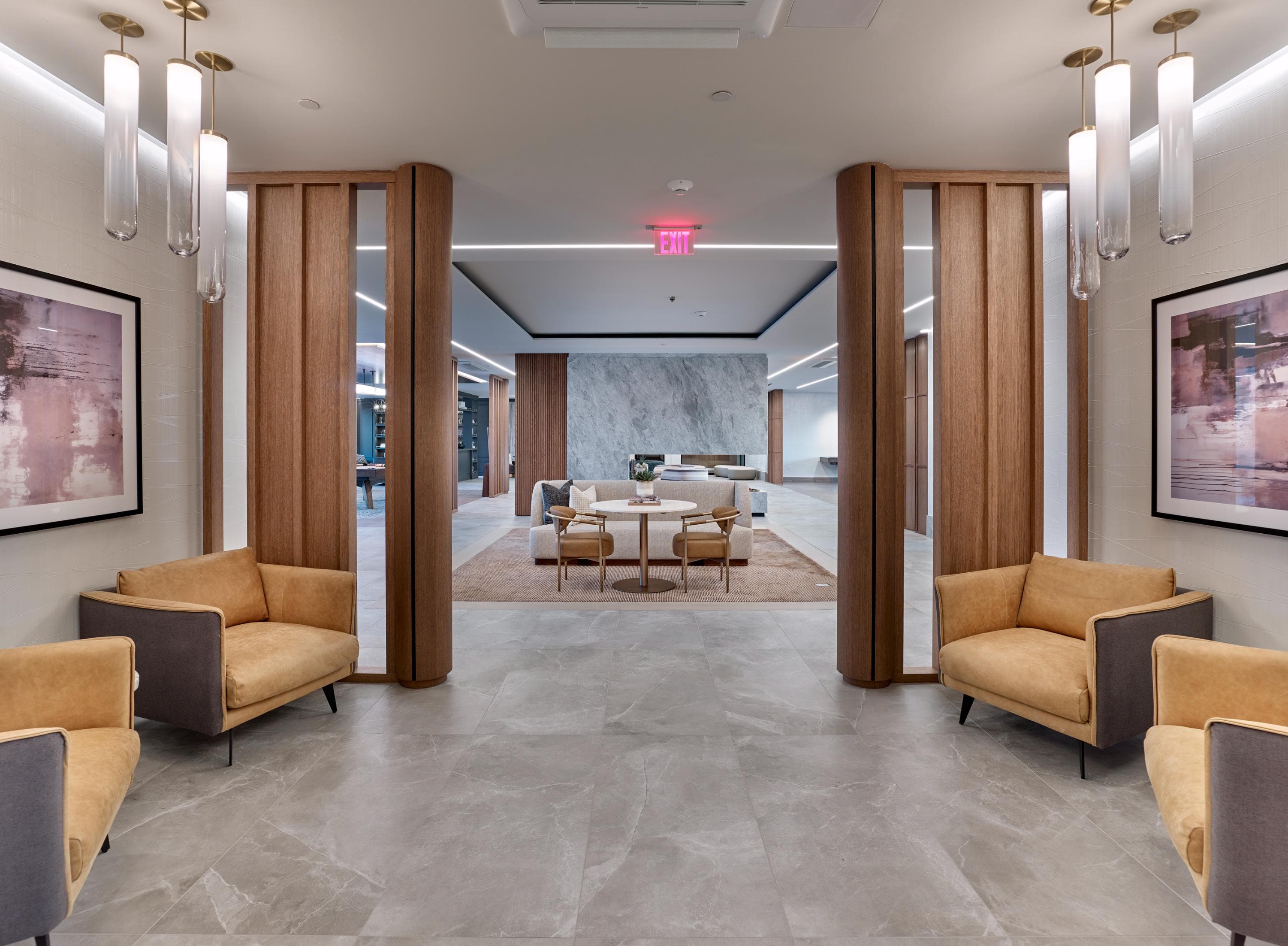 Resident clubroom with game tables, bar area, lounge and table seating