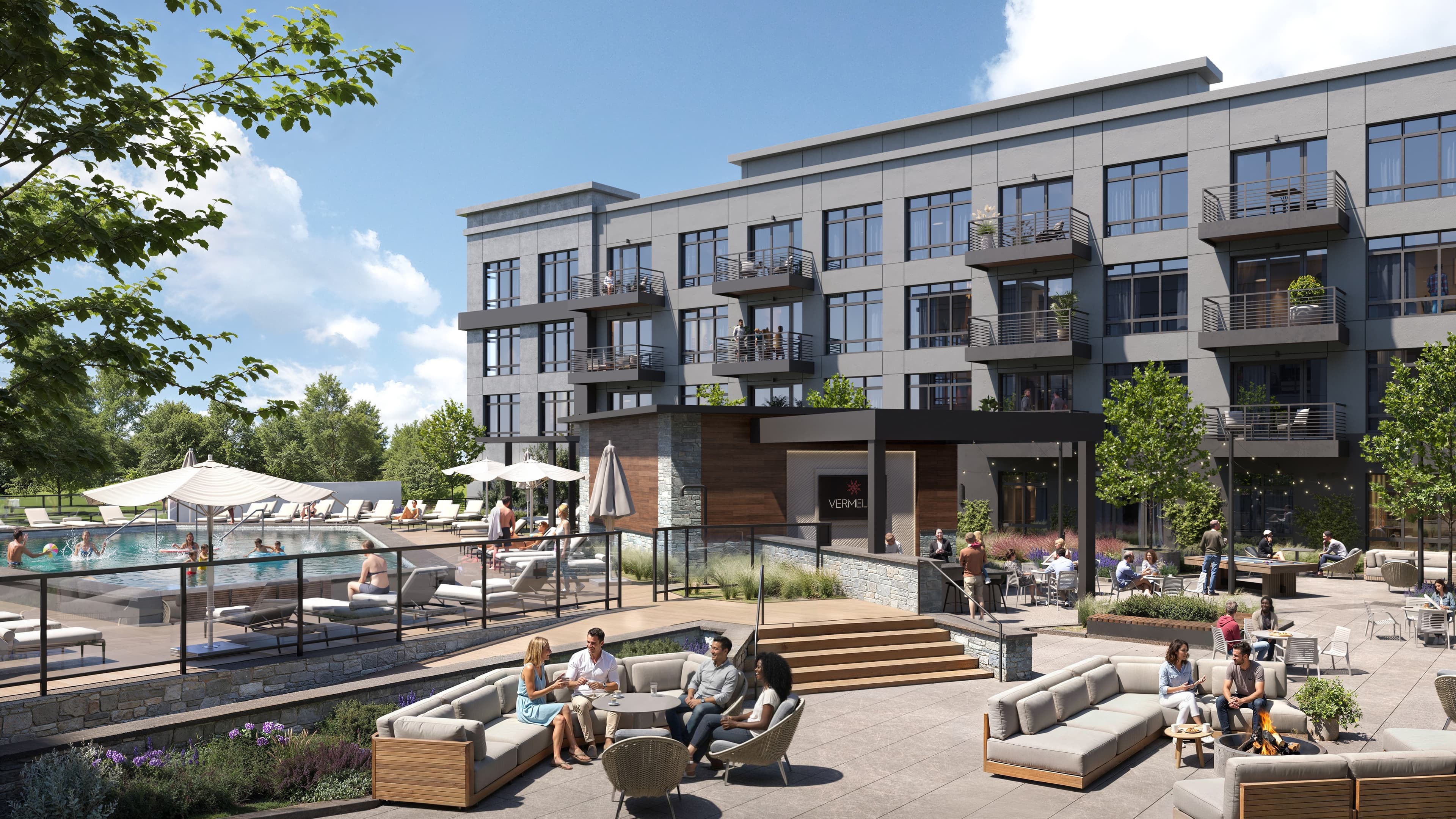 resident courtyard with lounge and table seating, fire pits, private dining