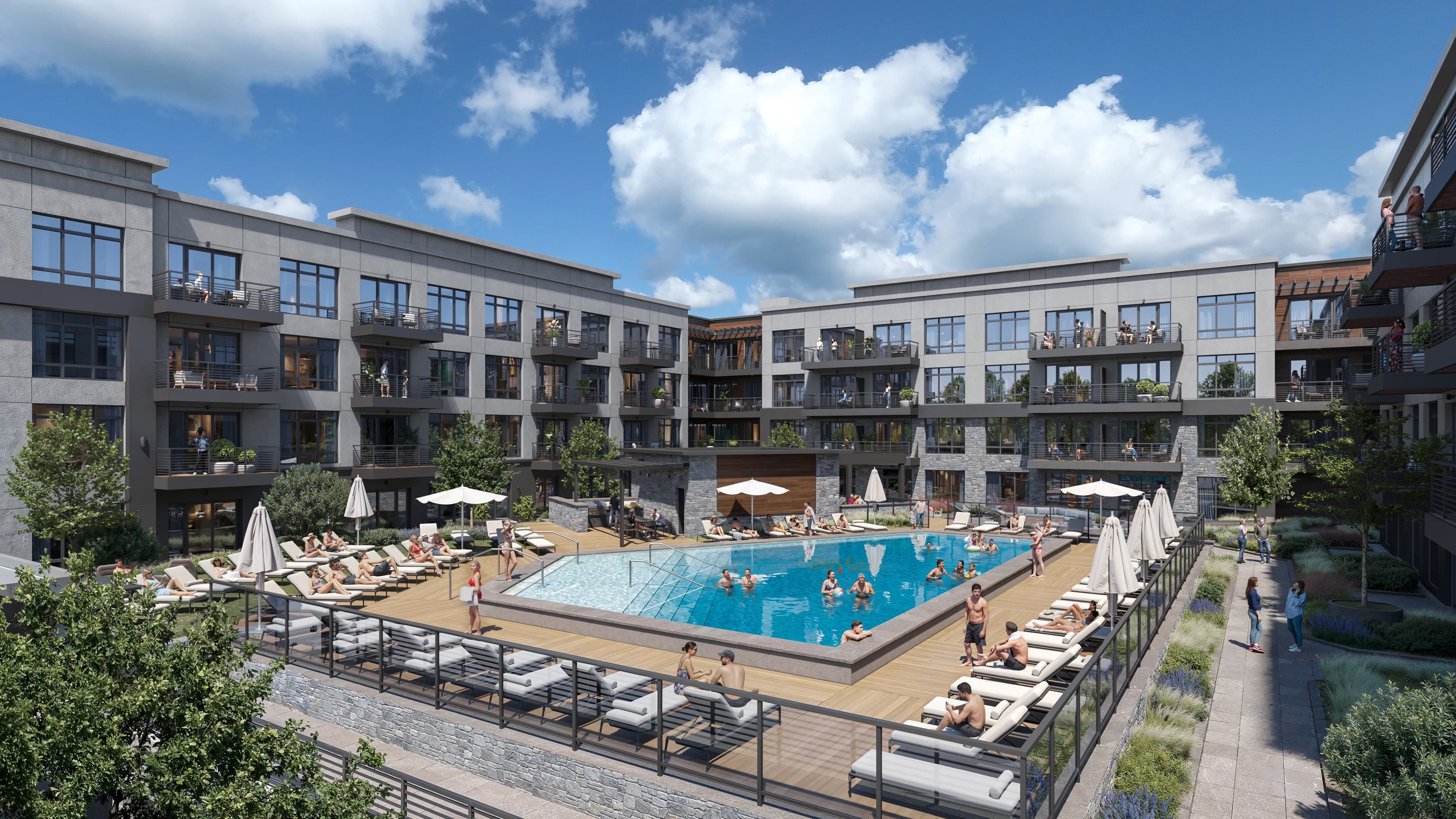 private resident pool in active courtyard with grills, lounge and table seating, game tables