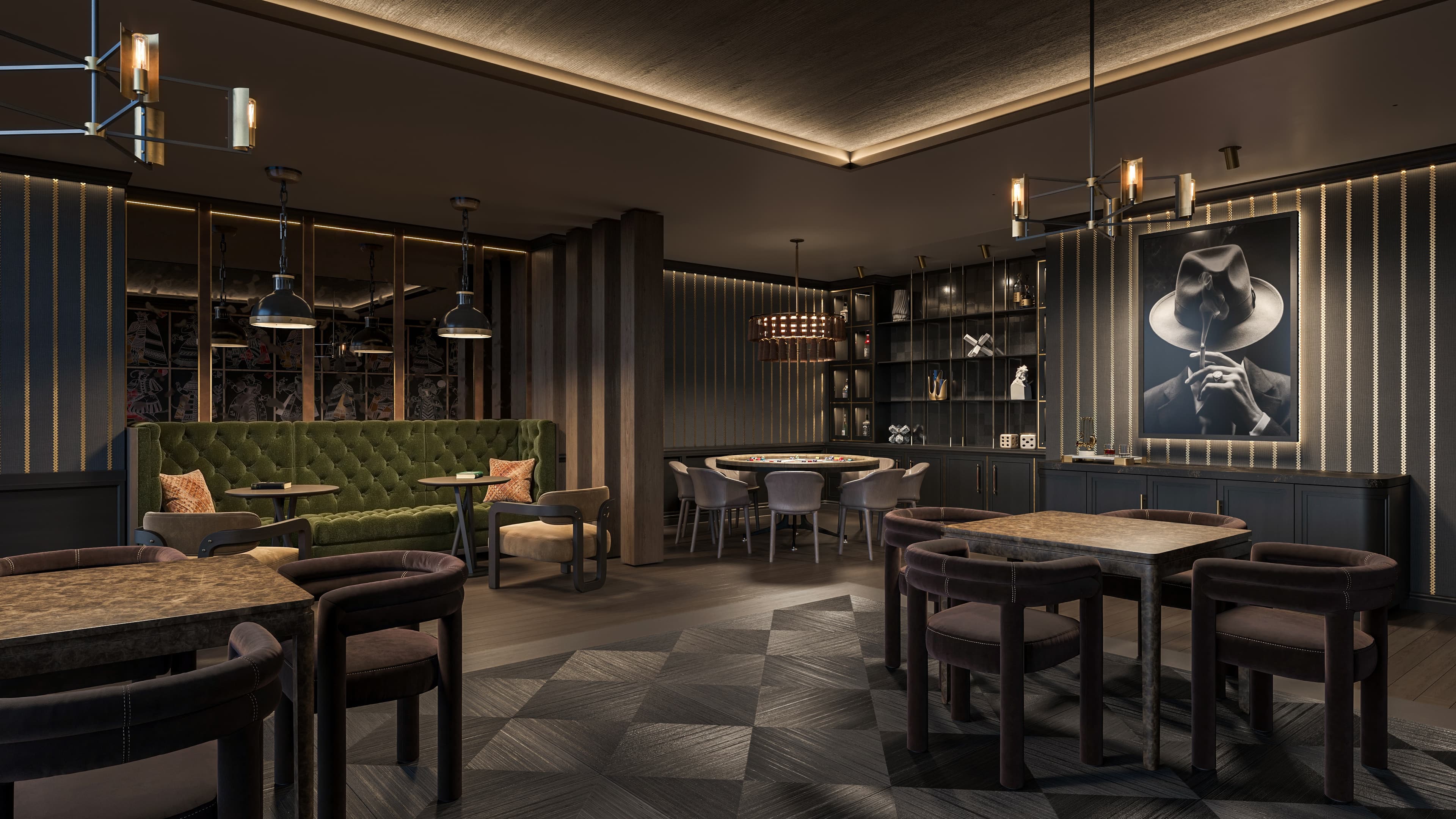 private lounge in resident amenity space, luxury apartments near transit and highway, paramus new jersey, fitness center, pool, sport simulator